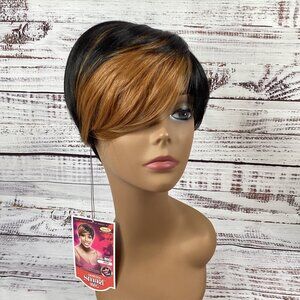 Bio Shag Tapered Wig FF27 Black w/ Blonde Swoop Heat Safe Adjustable Synthetic